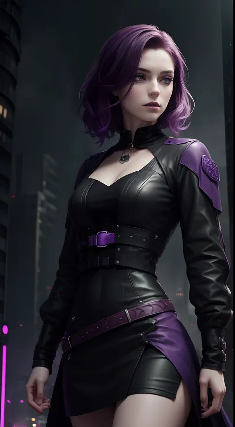 (A beautiful 25 years old British female vampire), (short wavy violet hair), (pale skin), (serious face), (wearing violet and black dystopian resistance outfit), (dystopian city at rain background), view from front, waist up shot, dynamic pose, ambient lig...