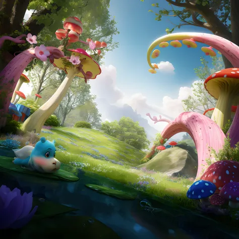 There is a picture of a colorful mushroom garden，There are flowers inside, whimsical fantasy landscape art, beautiful render of a fairytale, fantasy matte painting， Rolands Zilvinskis 3D rendering art, Beautiful digital artwork, Realistic fantasy rendering...