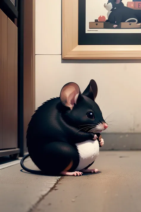 A chubby little black mouse on the side stands on the ground，Stare at the poster on the wall，Japanese anime and manga style