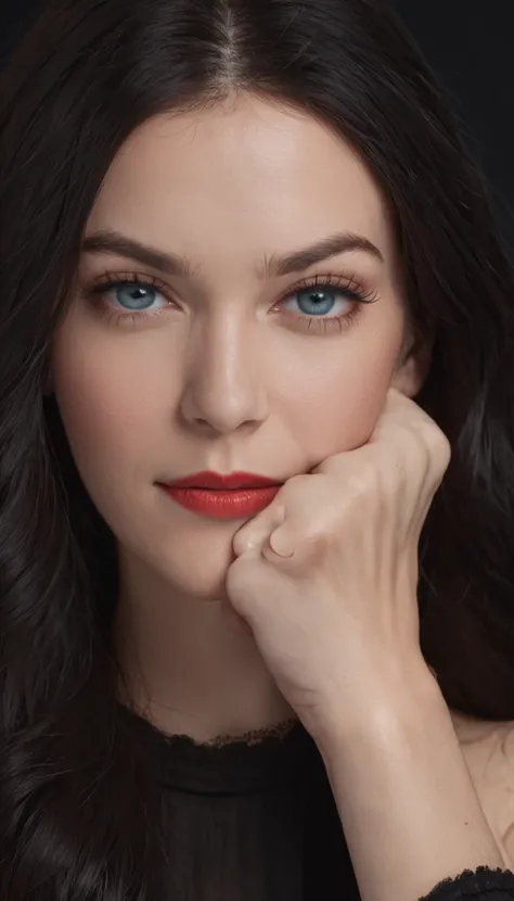 Close-up photo of woman with black hair, Strong blue eyes，com um brilho intenso, Thick and dark eyebrows, A well-made face, and lips with red lipstick. She wore a black wool shirt. The environment is a photography studio，Has a perfect black background and ...