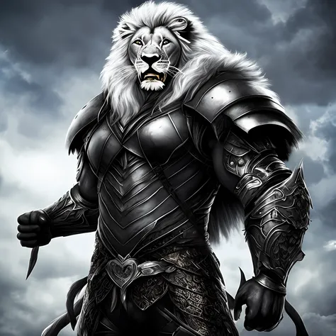 Super muscular black giant lion with big white hair, standing in black armor