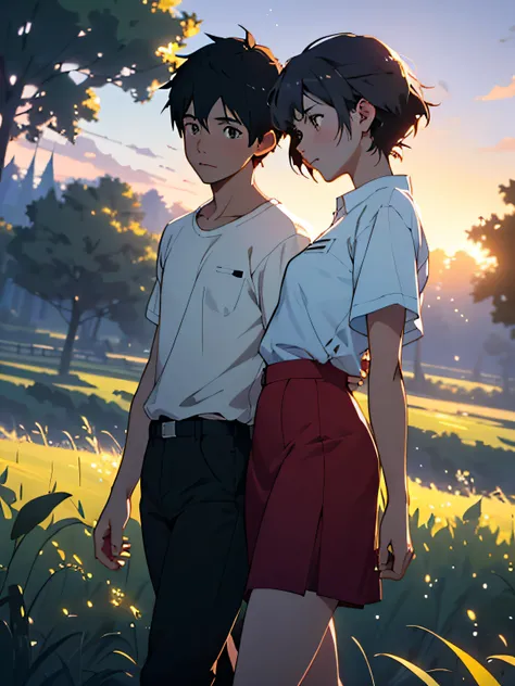 Anime couple walking in the field, (boy + girl), watery big eyes, (delicate and beautiful facial features), is the ultimate gentle beauty, the romantic atmosphere is very strong, the two (hand in hand) walking head-on, (from far and near), (facing the audi...