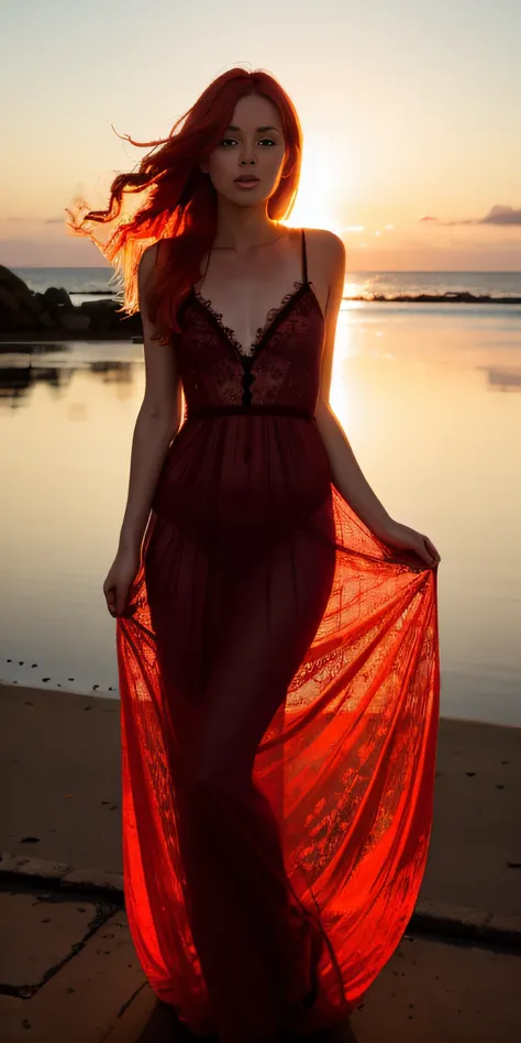 Portrait of a 26-year-old red-haired girl, La silhouette est magnifique, Dressed in a transparent lace nightgown , Dans le lac, Hands and feet in the water, seduction, Coucher de soleil, cinematic rendering, 12)