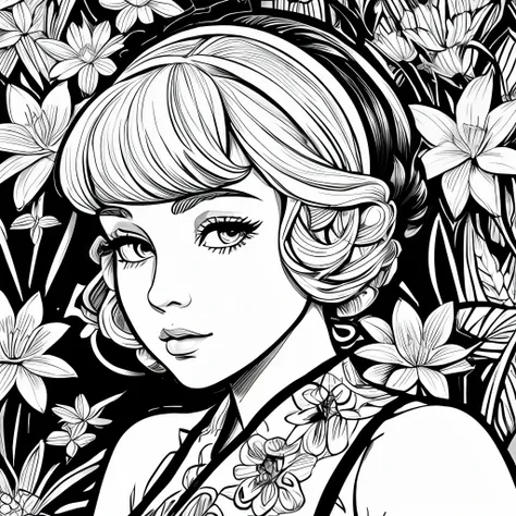 Black and white stick figure 1 girl with river lillies flower in background, loli in dress with flowers, its fine ink line art, comic style, portrait of ploynesian girl, Marilyn Munroe, Hollywood glam, beautiful line art, black and white comic style, manga...