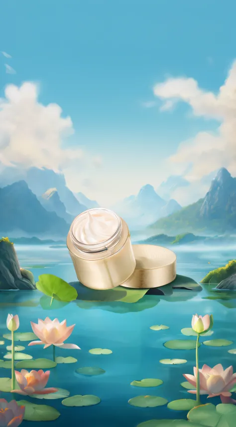 There is a jar of cream placed on a rock in the water, high quality topical render, beautiful detailed scene, beautiful detailed background, Lotus, background artwork, highly detailed scenario, digital painting highly detailed, detailed lake in background,...