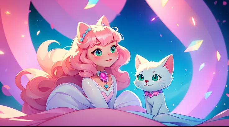 Cute and cute cartoon cat, Delicate and shiny fur, Lovely, wedding gown，white and pink, fantasy, Dreamlike, surrealism, Super cute, trending on artstationh, mother of pearl iridescent, holograph, Super high quality, 8K