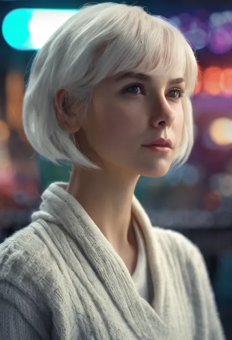 ((Masterpiece), best quality, HDR,UHD,8K), expressive eyes, perfect face, 1girl, solo, medium white bob hair with tiny pigtails and long side-swept bangs, black eyes, white skin, white sweater,