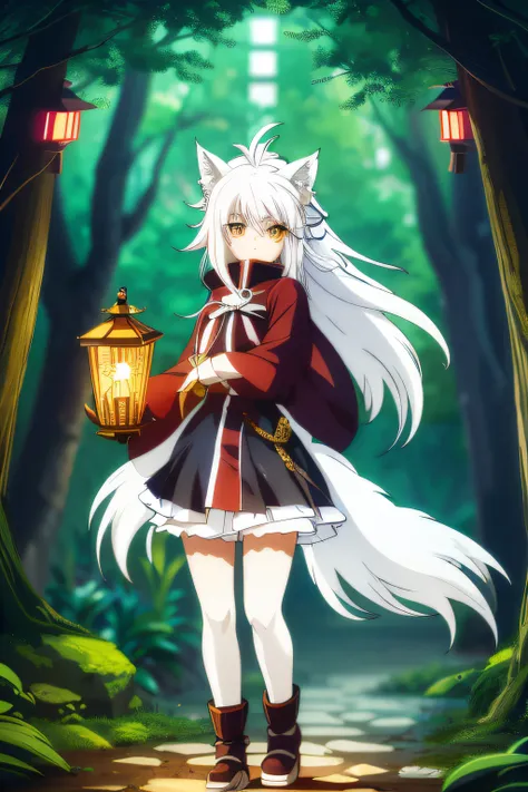 anime girl with white hair and long white hair holding a lantern, white-haired fox, white fox anime, kitsune holding torch, anim...