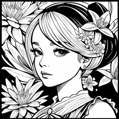 Black and white stick figure 1 girl with river lillies flower in background, loli in dress with flowers, its fine ink line art, comic style, portrait of ploynesian girl, Marilyn Munroe, Hollywood glam, beautiful line art, black and white comic style, manga...