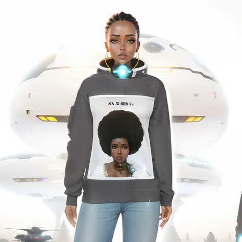 "A stunning Ethiopian girl with light skin striking a pose amidst massive floating alien spaceships, set against a backdrop of cyberpunk sci-fi."