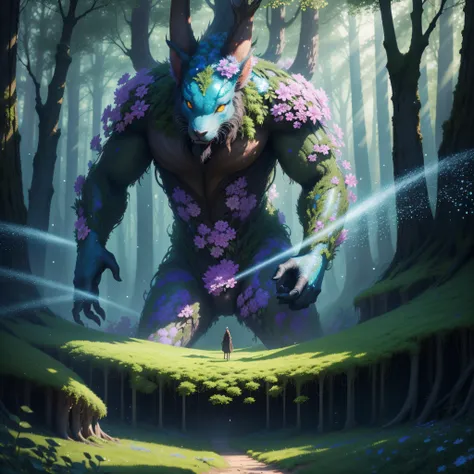 a close up of a giant creature, spring forest, forest flowers, central composition, (shimmering micro particles:1.6), fantasy art, dream style, 4k fantasy art, Magritte art