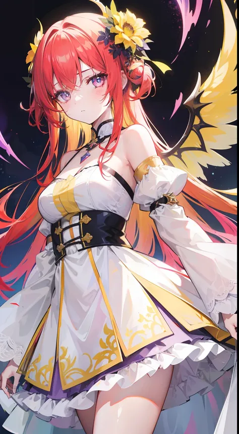 Yellow-red hair，Blue-brown pupils，Yellow-green wings，Wear yours with white and pink，Purple and white ornaments，She is a beautiful girl with dual cultivation of immortals and demons，