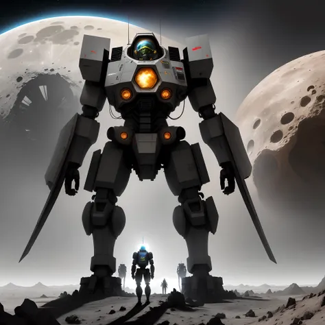 A gray-black mech stands solemnly in the crater of the moon，The surrounding area is littered with the remains of spaceships and other mechs