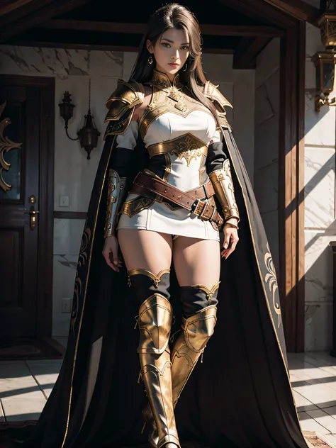 tmasterpiece，High-definition CG diagram，beautiful female warrior，Detailed eyes and face，Tall figure，All-armor clothing，Extra-long leather boots，Over-the-knee leather boots，Inside over-the-knee cotton socks，Brilliant armor colors，Exquisite decoration，temper...