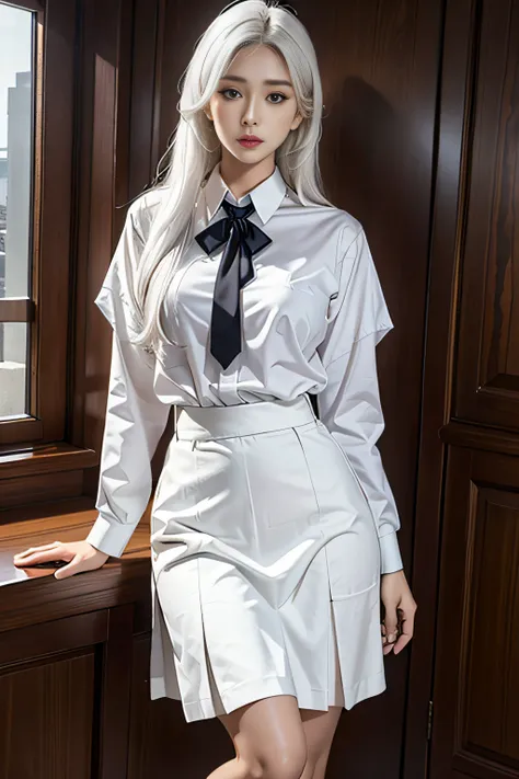 Photorealistic, high resolution, 1womanl, Solo, Hips up, view the viewer, (Detailed face), White hair, Long hair, school uniform, Skirt