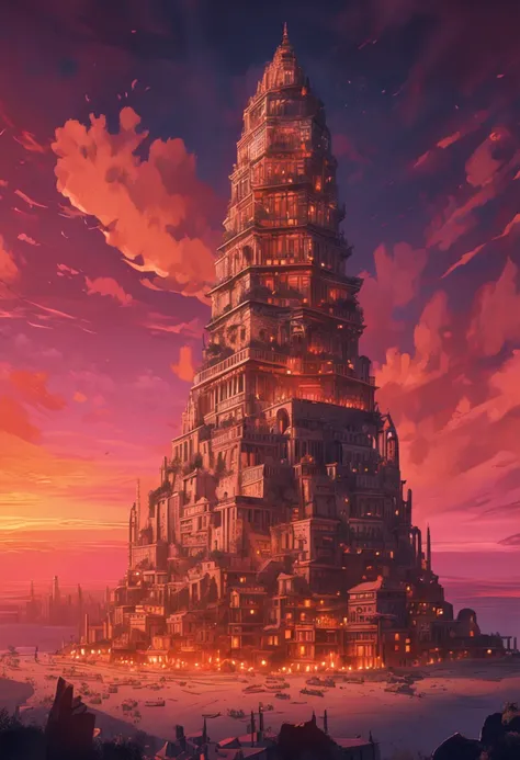 An awe-inspiring illustration of the mythical Babel Tower, showcasing intricate details and breathtaking craftsmanship. The tower stands tall against a vibrant sunset sky, casting a mesmerizing shadow upon the bustling city below. The scene is imbued with ...