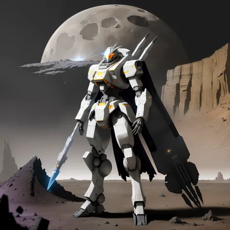 A gray-black mech stands solemnly in the crater of the moon，The surrounding area is littered with the remains of spaceships and other mechs