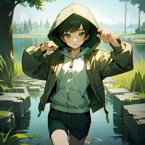 mksks style, (very detailed background:1.0), (highly detailed background:1.0), 1girl, full_body, looking_at_viewer, hoodie, partially_unzipped, masterpiece, best quality, (1boy, solo, boy:1.2), lake, grass, walking on water, jumping, stone ruins, chromatic...