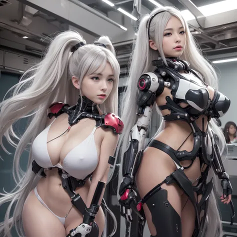 Beautiful Face,face is Japan, 1 Woman, Big, Curvaceous, (16k, RAW photo, top quality, masterpiece: 1.2), (HDR, Realistic, Photorealistic: 1.37) (tube attached to the body), (Bikini Cyborg robot parts)))), (light gray hair), Long hair, Wavy hair, Twin tails...