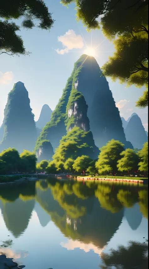 Masterpiece, best quality, extremely beautiful reflection, best reflection. (Very detailed CG 8K wallpaper), (best quality), (best illustration), (best shadow), landscape pictures of Guilin, photorealistic and early morning.