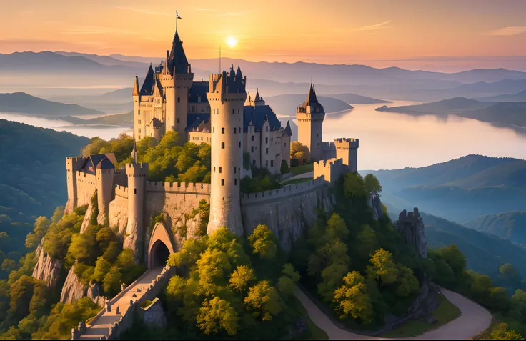 A middle-aged castle, Stone Castle, Castle on a hill, time of day is sunrise, masterpiece, high detail, hyper realistic