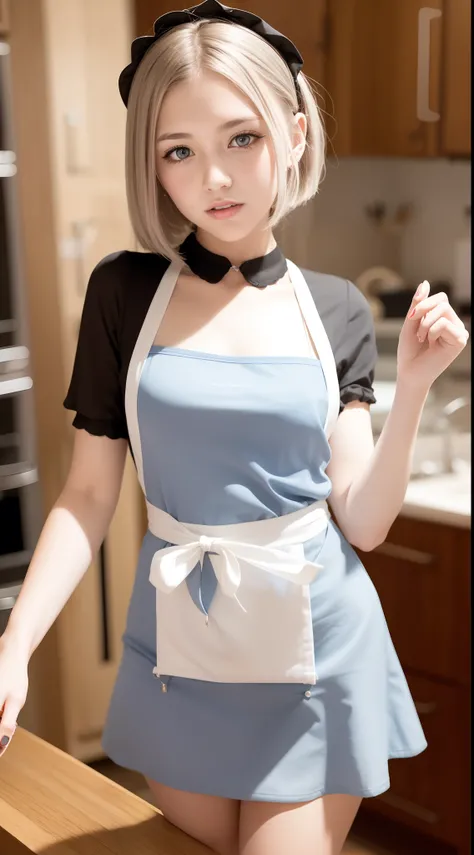 Photos of th3r0ck as a playful maid，1girl，Silver hair，blue color eyes，tiny mouth，aprons，amazing body，pronounced feminine features，plumw，kitchens，Flirt with the camera