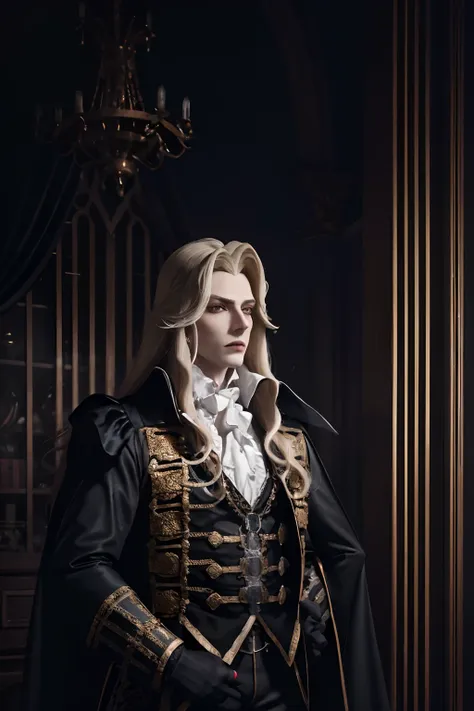 1homme, bel homme, upper body portrait of alucardcastlevania wearing a court suit in the bedroomgothic room, bougie, regarder le...