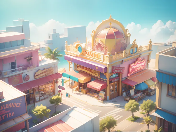 Paradise world/Carnival City，3Drenderingof,Dopamine Mood Paradise，Summer carnival style，Lovely and sophisticated building，shop，Premium texture，high-class details，Studio lights,High saturation