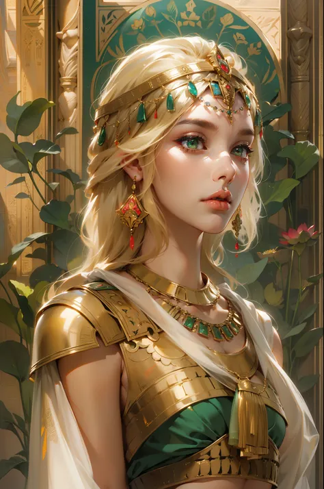 1girl,Blonde hair，Straight blonde hair，Egyptian attire，Egyptian dress-up，queen of Egypt，goddes，Young girls，Emerald eyes，Elaborate Eyes，beauitful face，Stand by the lotus pond，Meticulous CG，Cinematic imagery，Beautiful，skin is smooth and fair，super high image...