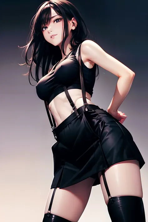 a black skirt, , Tank tops　suspenders, Long Black Hair, Gray eyes, holster, Garter belt on the legs, , Moderate breasts and tight clothes, both sides　　Behind　no-bra