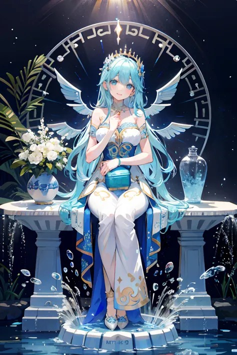 absurdres, highres,
BREAK
one goddess (girl) wearing detailed decorated dress, (hugging) water (jug:1.2), (Aquarius:1.35), white and blue outfits, (beautiful Circular) (water fountain:1.2) on background, Water spurting from fountain on both sides, standing...