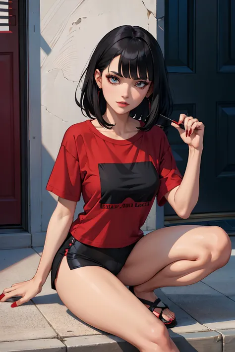 woman, black medium hair with bangs, goth makeup, Red t shirt
 black flip-flop