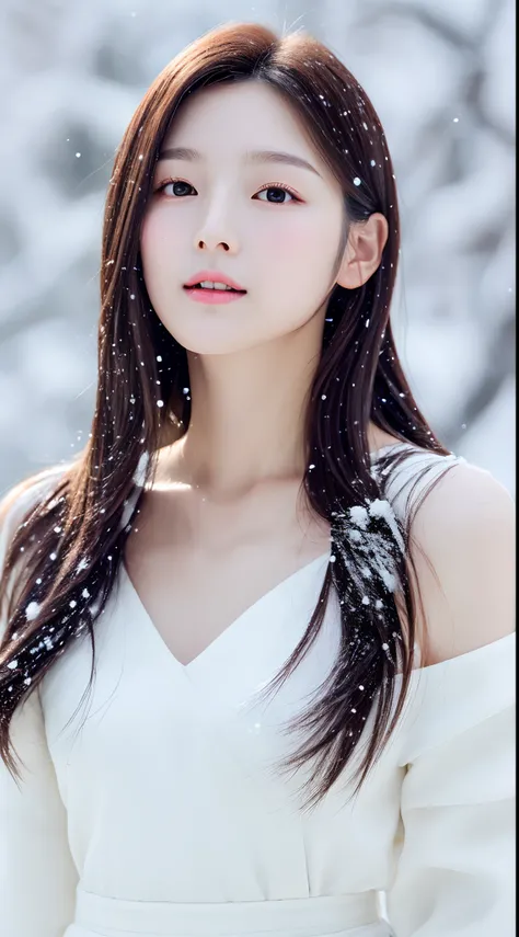 （1 cute Korean star）Realistic photos of shoulder-length hair，thin makeup，Bigchest，in snow，Clear facial features，8K high resolution，sharp and realistic details。