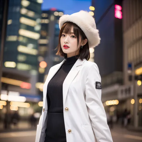 solo, (office lady,white coat,), 半身照,牛仔照, city_lights, (looking viewer:1.3), 唇裂, red_lips, 有光泽的皮肤, skindentation, best quality, ultra high res, (photorealistic:1.4 ),