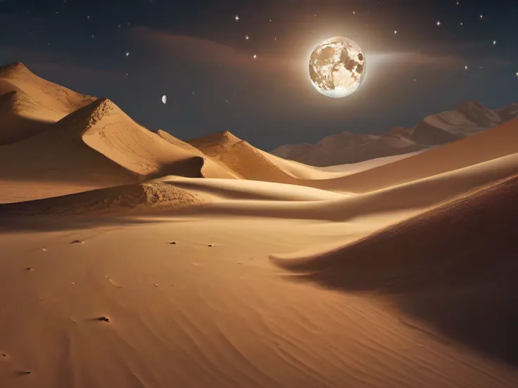 (masterpiece:1.2), (8k:1.2), (night:1.2), moon, (starry sky,:1.1) (sand:1.3), wasteland, sea of sand, arabian night