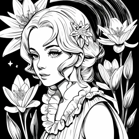 Black and white stick figure 1 girl with river lillies flower in background, loli in dress with flowers, its fine ink line art, comic style, portrait of ploynesian girl, Marilyn Munroe, Hollywood glam, beautiful line art, black and white comic style, manga...