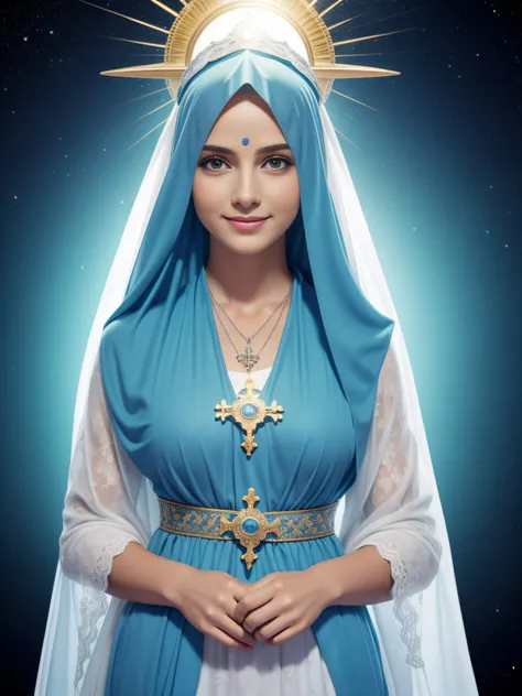 Create an image of Mary with a blue veil on her head and tunic full of Christian details: light blue with white, Detalhes em dourado,  She wears a pendant hanging from her neck in the shape of a very bright cross she has a golden aura on the top of her hea...