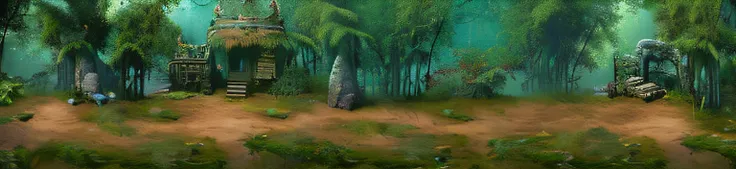 There is a painting of a house in the middle of the forest, fantasy forest environment, fantasy forrest background, elf forest background, ancient wood environment, fantasy forest background, jungle setting, overgrown jungle environment, forest backgrou, g...