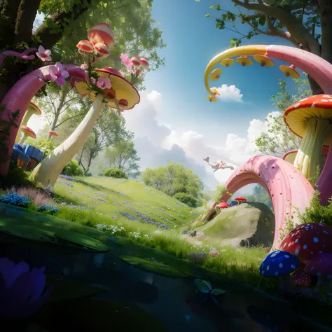 There is a picture of a colorful mushroom garden，There are flowers inside, whimsical fantasy landscape art, beautiful render of a fairytale, fantasy matte painting， Rolands Zilvinskis 3D rendering art, Beautiful digital artwork, Realistic fantasy rendering...