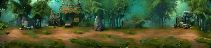 There is a painting of a house in the middle of the forest, fantasy forest environment, fantasy forrest background, elf forest background, ancient wood environment, fantasy forest background, jungle setting, overgrown jungle environment, forest backgrou, g...