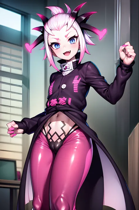 cutetraps, cute,fang, bulge, working uniform, white hair, shiny blue eyes, pink clothes kimetsu no yaiba style, smile, blush, hands behind back, muscular male, vagina bone