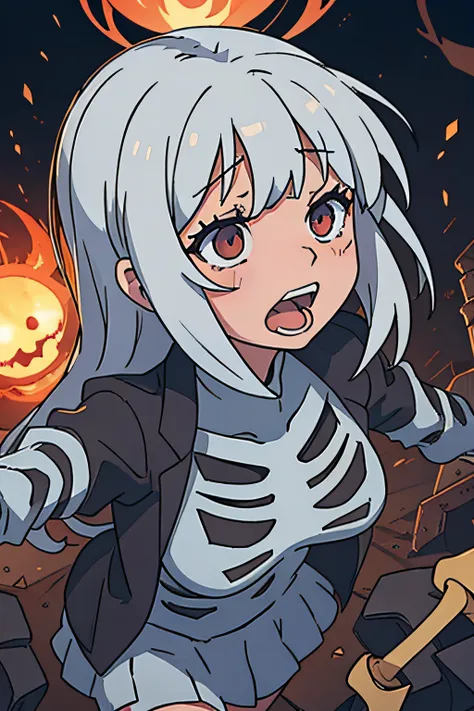 anime girl screaming while her head explodes and an ominous skeleton crawls out