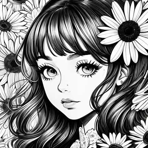 Black and white stick figure 1 girl with daisy flower in background, loli in dress with flowers, its fine ink line art, comic style, portrait of ploynesian girl, Marilyn Munroe, Hollywood glam, beautiful line art, black and white comic style, manga style, ...