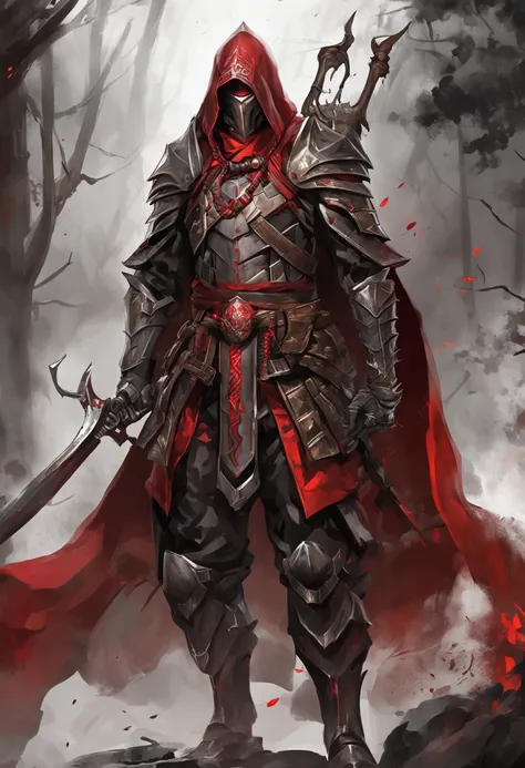 (ultra-detailed CG unit 8k wallpaper, Master parts, Best quality, depth of fields, hdr, 复杂), Tall, The sinister Dark Assassin wears a metal mask，Bright red eyes，Light and dark armor，Behind him he wears a low-key red cloak，Holding a sharp dagger in his arms...