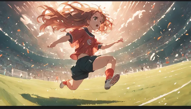 A full-body shot of Mia running down the field, her long hair flying behind her as she kicks the ball towards the goal.