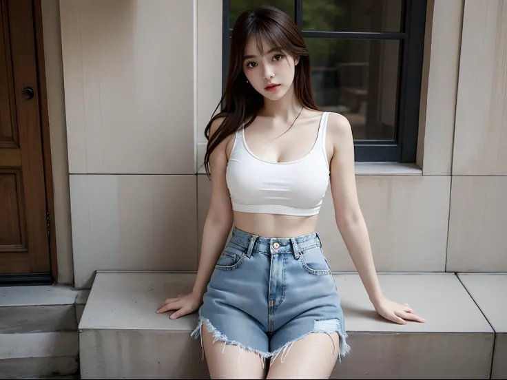 Girl holding plush doll in white bra and tight denim skirt，posed for photo，full bodyesbian，legs are open，With a cropped T-shirt、brassier，detail-rich，real photograph