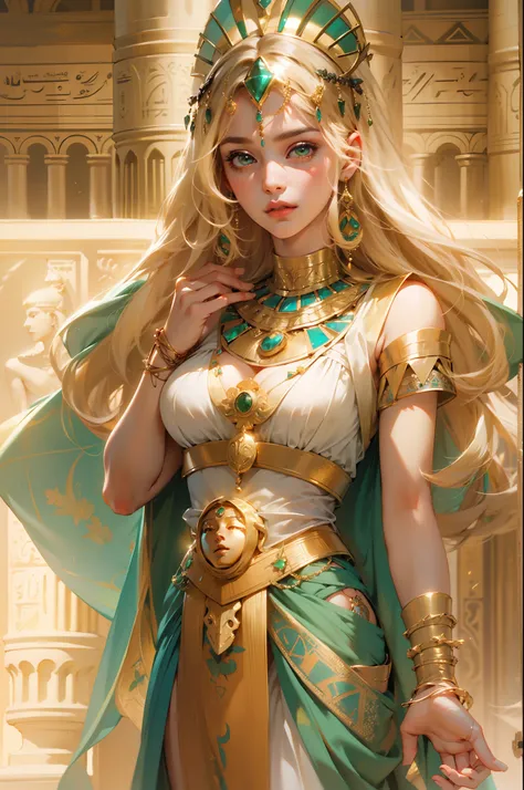 1girl,Blonde hair，Straight blonde hair，Egyptian attire，Egyptian dress-up，queen of Egypt，goddes，Young girls，Emerald eyes，Elaborate Eyes，beauitful face，Stand by the lotus pond，Meticulous CG，Cinematic imagery，Beautiful，skin is smooth and fair，super high image...