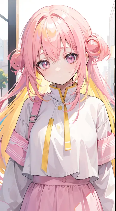 Dreamy shiny light pink yellow hair，Pink and yellow with white clothes，Milky，The eyes are pink-yellow，Its a cute girl