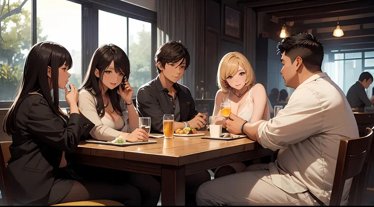 One boy is a little fat guy at 40 years old, 3女の子, Matchmaking with female college students, Long Table, Interior with a lascivious atmosphere, Drinking, French cuisine