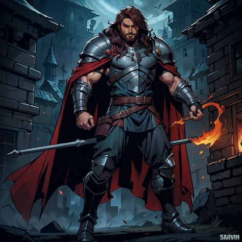 Darkest dungeon style, Sadurang from Marvel, hunk, shoulder length mane hair, defined face, detailed eyes, short beard, glowing red eyes, dark hair, wearing heavy armor, cape of furs, scaled armguards, scaled sleeves, grey pants, heavy boots